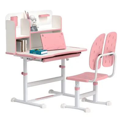 AIYAPLAY Kids Desk and Chair Set w/ Tiltable Desktop, Reading Rack, Pink