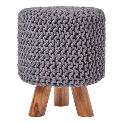 (Grey) Tall Knitted Cotton Footstool with Tripod Wooden Legs