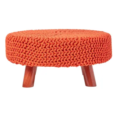 (Burnt Orange) Knitted Cotton Footstool with Wooden Legs Large x x cm