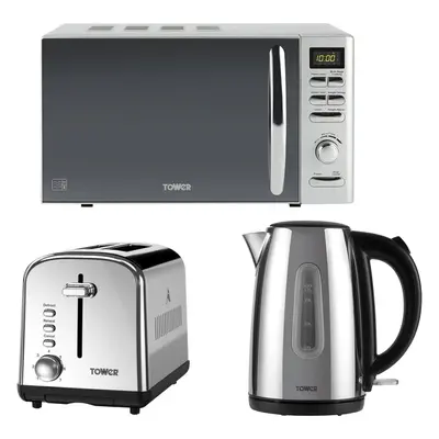 Tower Infinity Polished Steel Kettle, Slice Toaster & Microwave Set