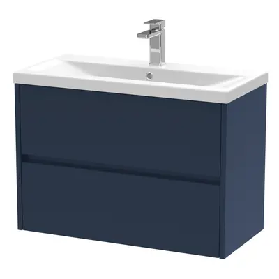 Square Wall Hung Drawer Vanity Unit & Ceramic Basin, 800mm - Midnight Blue