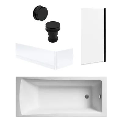 Square Single Ended Bath, Square Black Screen, Panels, Black Waste - 1700x700mm