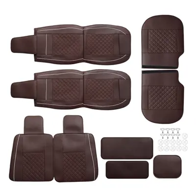 (1 Set - Brown) 1PC/5PCS Universal Front Car Seat Mat Cover Cushion Deluxe PU Leather Protector 