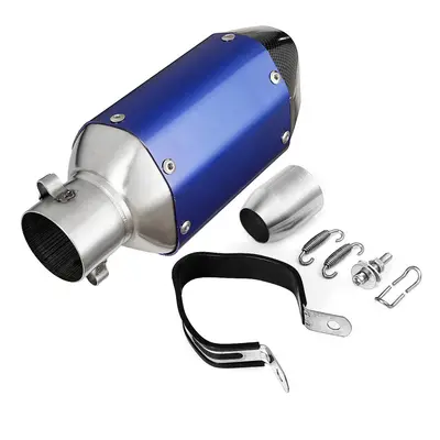 (Blue+Carbon Fiber) Universal Motorcycle Short Steel Exhaust Pipe Muffler Silencer Removable 38-