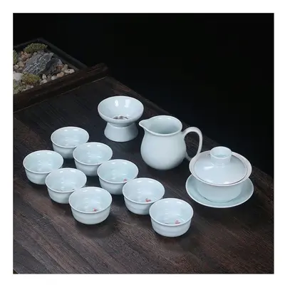 (12 piece covered bowl set - Jade blue celadon ribbon fish, Universal version) Ruyao Tea Set, Te