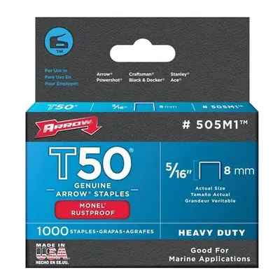 Arrow T50 Monel Staples Rust Proof Suitable for Marine Use. Size: 5/16" - 8mm Pack: