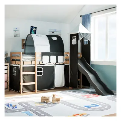 vidaXL Kids' Loft Bed with Tower White and Black 80x200 cm Solid Wood Pine