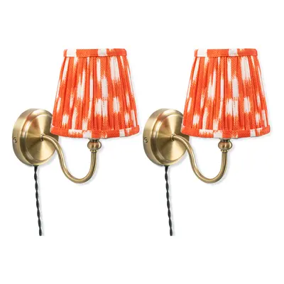 Pair of Plug in Antique Brass Orange Pleated Tapered Easyfit Wall Lamp + LEDs