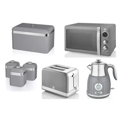 SWAN Retro Grey Dial Kettle Toaster Microwave Bread Bin & Canisters