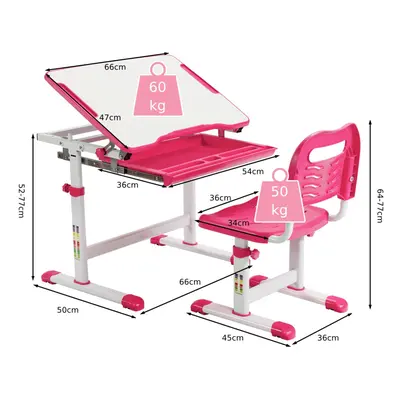 Height Adjustable Kids Study Table and Chair Set with Tilting Tabletop-Pink