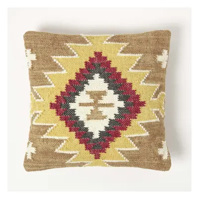 (Brown & Red) Handwoven Kilim Cushion with Feather Filling