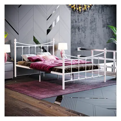 (Small Double, White) Paris Metal Bed Frame Curved High Foot Slatted