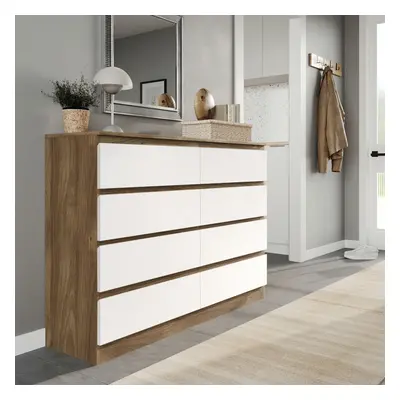 (Oak Carcass + White Drawers) Modern Wide Wooden Chest of Drawers Bedroom Furniture Storage Beds