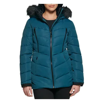 GUESS Women's Cold Weather Hooded Puffer Coat Teal Small