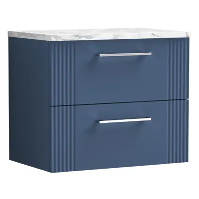 Retro Drawer Wall Hung Vanity Unit with Carrera Marble Laminate Worktop - 600mm - Satin Blue - B