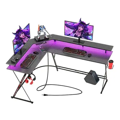 SEVEN WARRIOR Shaped Gaming Desk with LED Lights & Power Outlets, 58? Computer Desk with Monitor