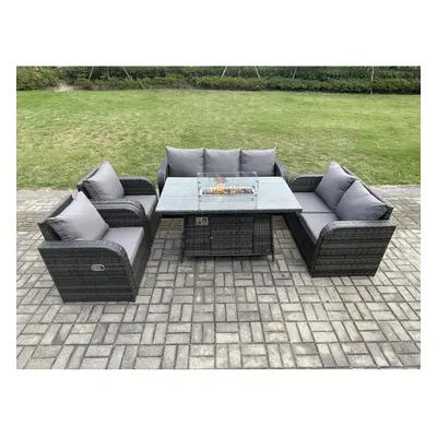 Fimous Garden Patio Furniture Wicker Rattan Gas Fire Pit Table and Sofa Chair set Dark Grey Mixe