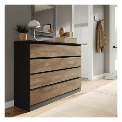 (Black Carcass + Oak Drawers) Modern Wide Wooden Chest of Drawers Bedroom Furniture Storage Beds