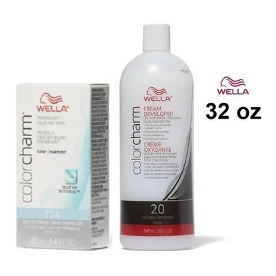 (T14 & Dev (Vol. 20) 32oz) Wella Color Charm T14 Pale Ash Blonde Permanent Liquid Hair Toner