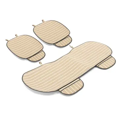 (Beige) 3Pcs Car Seat Cover Seats Breathable Linen Fabric Pad Mat Auto Chair Cushion