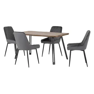 Quebec Wave Edge Dining Table + Avery Chairs Set - Oak Effect & Grey Velvet