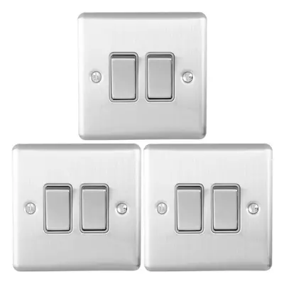 3 PACK Gang Double Metal Light Switch SATIN STEEL Way 10A Grey Trim