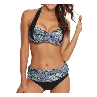 (Blue, 12) Halter Gather Painted Beach Swimwear