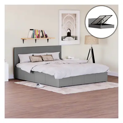 (King Size, Grey) Lisbon Ottoman Bed Frame Faux Leather Storage