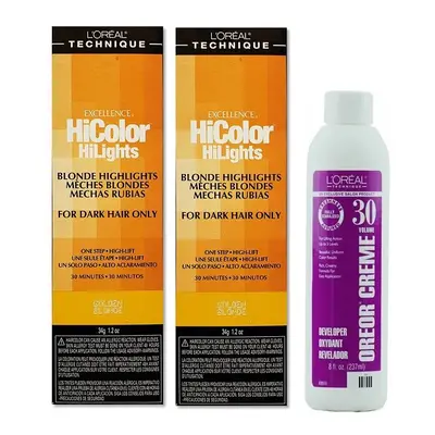 (Golden Blonde(2)+Dev(Vol.30)8oz) L'Oreal Excellence HiColor Golden Blonde BLONDE HiLights For D