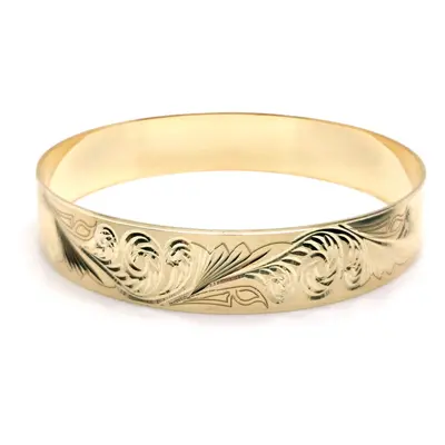 Jewelco London Ladies Solid 9ct Yellow Gold Diamond-cut Baroque Filigree Pattern Slave 12mm Bang