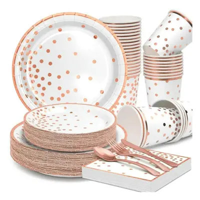 (Rose, 350PCS) Paper Plates Tableware Set,Paper Party Supplies Include Disposable Plates,Dessert