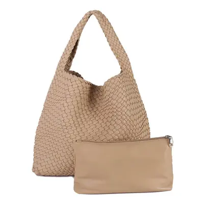 (Khaki) MOOWOO Fashion Ladies Bag Woven Bag PU Leather Cute Handbag Vegetable Basket Carry Tote 