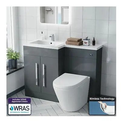 Nes Home Grey Bathroom Left Hand Basin Vanity Unit WC BTW Toilet 1100mm