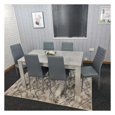 Modern Wood Stone Grey Dining Table With PU Faux Leather Grey Chairs