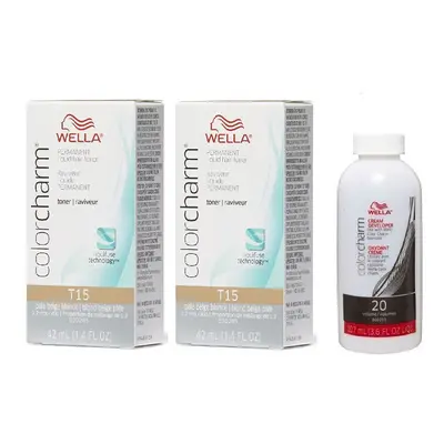 (T15+T15+Dev (Vol. 20) 3.6oz) Wella Color Charm T14 Pale Ash Blonde Permanent Liquid Hair Toner