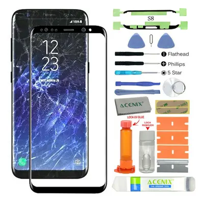 Samsung Galaxy S8 Replacement Screen Front Glass lens Repair Kit Black + UV Glue