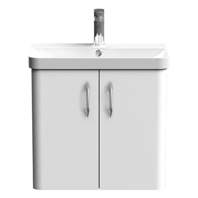 Curve Wall Hung Door Vanity Basin Unit - 600mm - Gloss White with Chrome D Shape Handles (Tap No