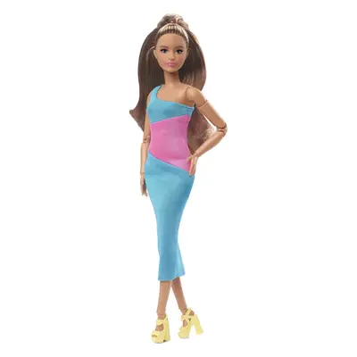 Barbie Looks Doll with Brown Hair Dressed in One-Shoulder Pink and Blue Midi Dress Posable Made 