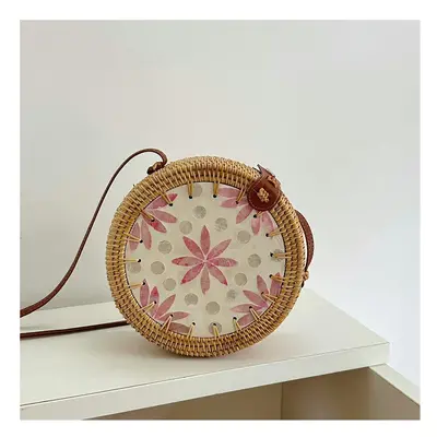 (Shell Shoulder Bags-Fan Flower) Vietnam Aki Rattan Woven INS Wind Round Color Shell Stitching B