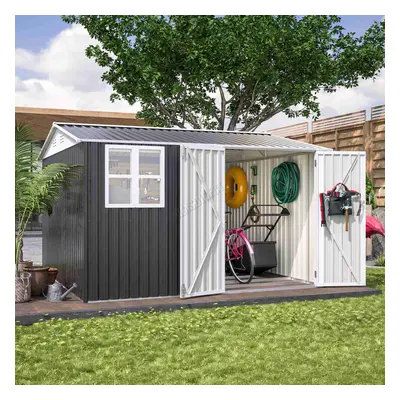 (10X10FT, Anthracite) BIRCHTREE Outdoor Garden Shed Steel Apex Roof Tool With Doors Window Found