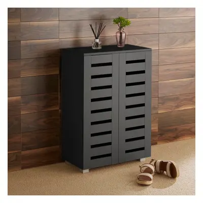 (Black) Home Source Oslo Door Slatted Shoe Cabinet Storage Unit