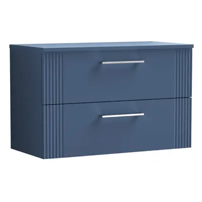 Retro Drawer Wall Hung Vanity Unit with Colour Coordinating Laminate Worktop - 800mm - Satin Blu