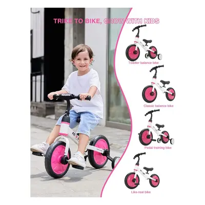 (Pink-White) UBRAVOO Fit 'n Joy Beginner Toddler Training Bicycle, 4-in-1 Kids Balance Bike, Tri