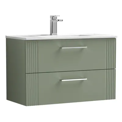 Retro Drawer Wall Hung Vanity Unit with Minimalist Tap Hole Ceramic Basin - 800mm - Satin Green 