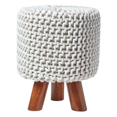 (Natural) Tall Knitted Cotton Footstool with Tripod Wooden Legs