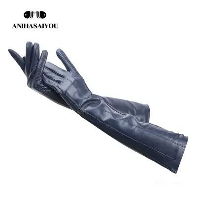 (Dark blue) Multicolor women's gloves,50cm long leather gloves,sheepskin women's leather