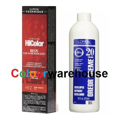 (H12, Dev (Vol. 20) 16oz) L'Oreal HiColor H12 Deep Auburn Red, Reds For Dark Hair Only