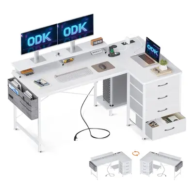 ODK Corner Desk with Drawers, Shaped Computer Desk with USB Charging