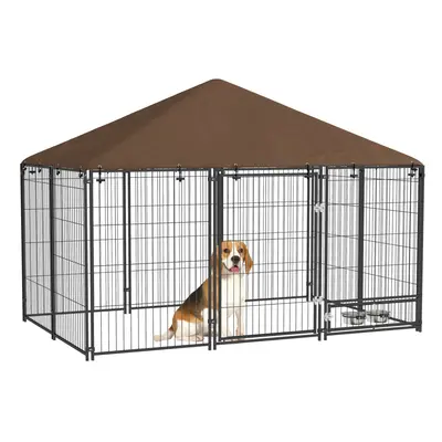 PawHut Outdoor Dog House Kennel with Canopy Top & Lock Rotating Bowl Holder