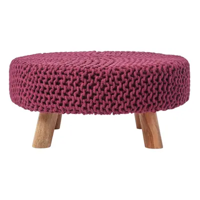 (Plum) Knitted Cotton Footstool with Wooden Legs Large x x cm